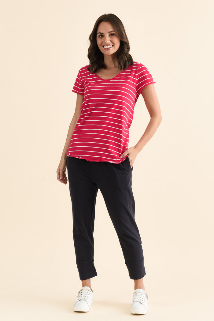 Maggie Fuchsia Stripe Cotton Vee Tee,brunette model,Full Outfit,alt text|model:MJ