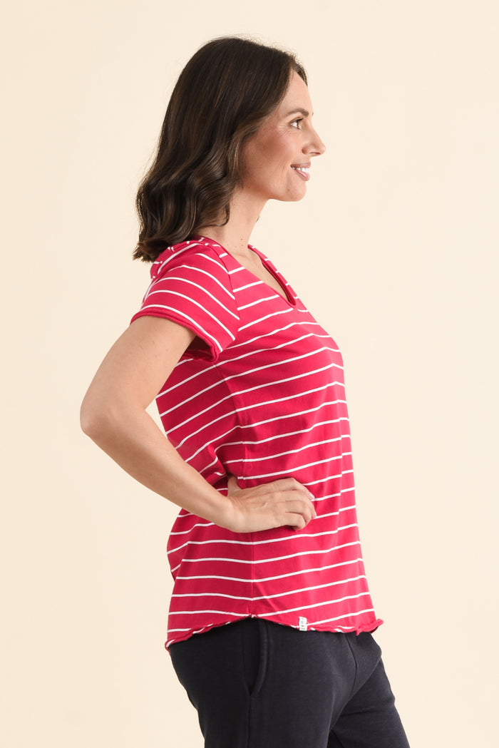 Maggie Fuchsia Stripe Cotton Vee Tee,brunette model,Side of Outfit,alt text|model:MJ