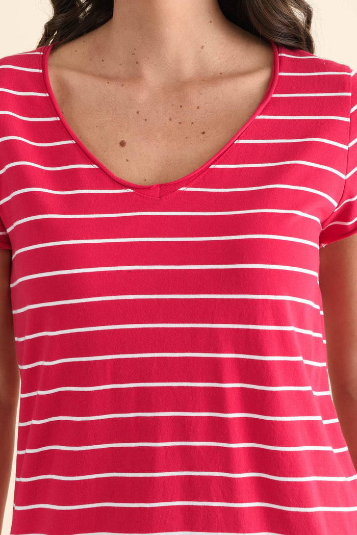 Maggie Fuchsia Stripe Cotton Vee Tee,brunette model,Close up of outfit,alt text|model:MJ