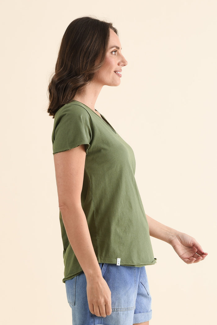 Maggie Khaki Cotton Vee Tee