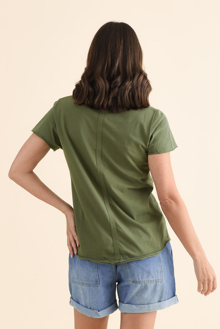 Maggie Khaki Cotton Vee Tee