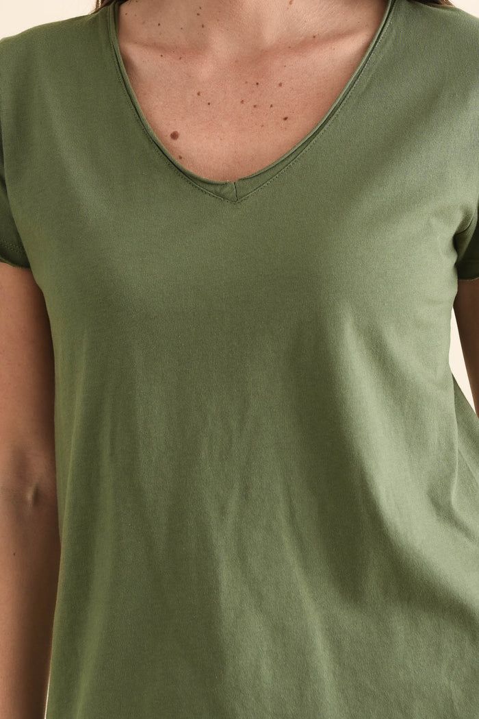 Maggie Khaki Cotton Vee Tee