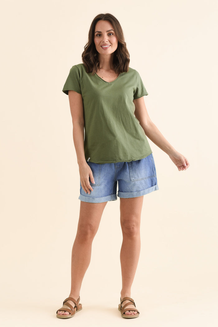 Maggie Khaki Cotton Vee Tee