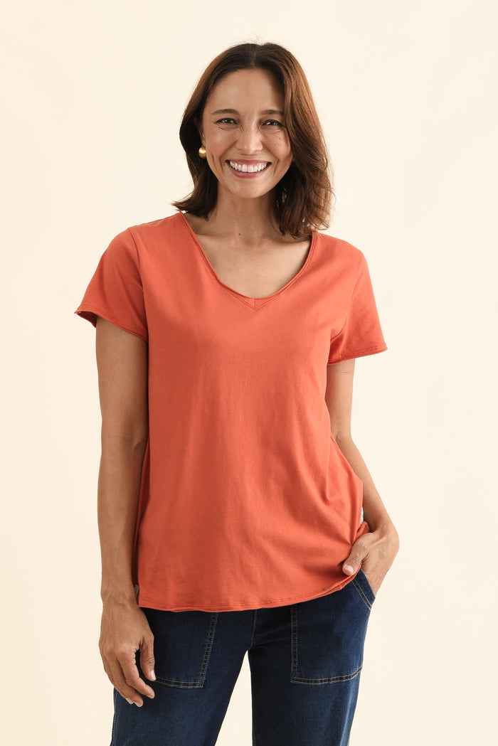 Maggie Orange Cotton Vee Tee,Front,Brunette model,alt text|model:Cara