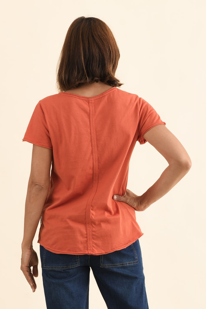 Maggie Orange Cotton Vee Tee,Back,Brunette model,alt text|model:Cara