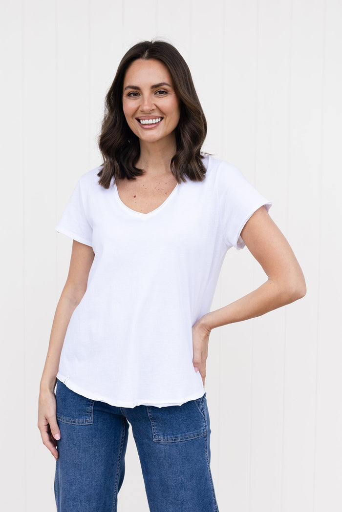 Maggie White Cotton Vee Tee,brunette model,Front of Outfit,Lifestyle