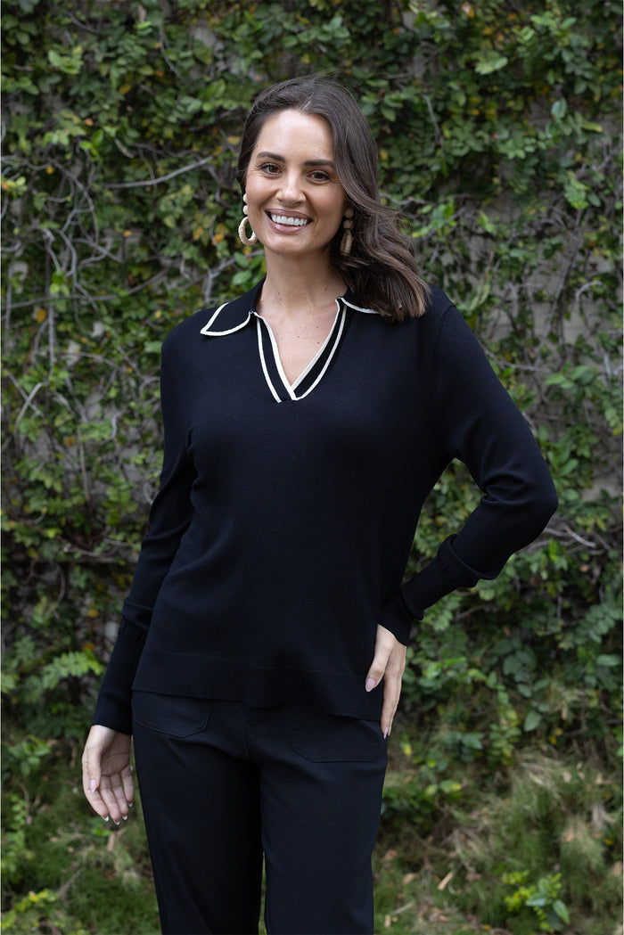 Makenna Black Collared Knit Top,Lifestyle