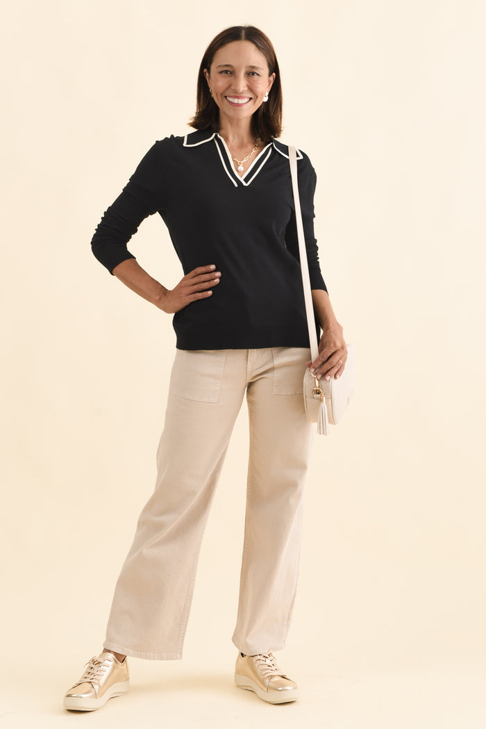 Makenna Black Collared Knit Top