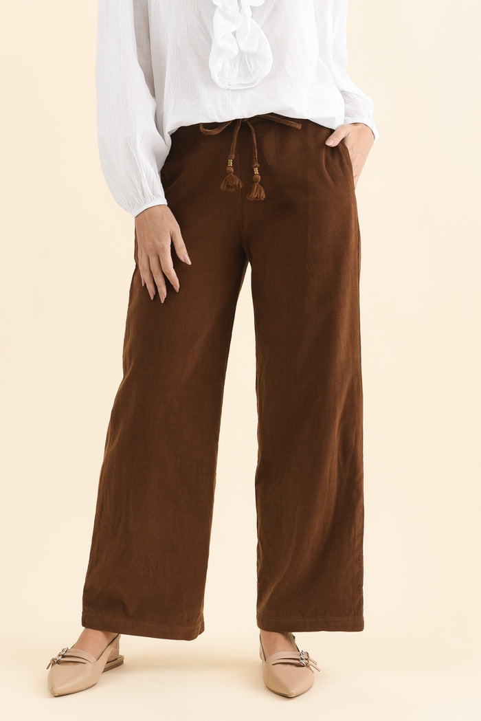 Makenna Brown Corduroy Tassel Pants,Brunette model,alt text|model:MJ