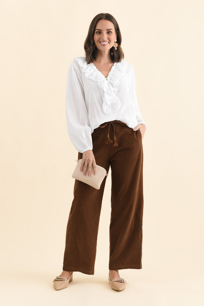 Makenna Brown Corduroy Tassel Pants,Brunette model,alt text|model:MJ