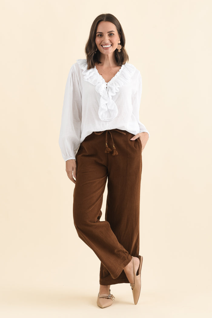 Makenna Brown Corduroy Tassel Pants,Brunette model,alt text|model:MJ