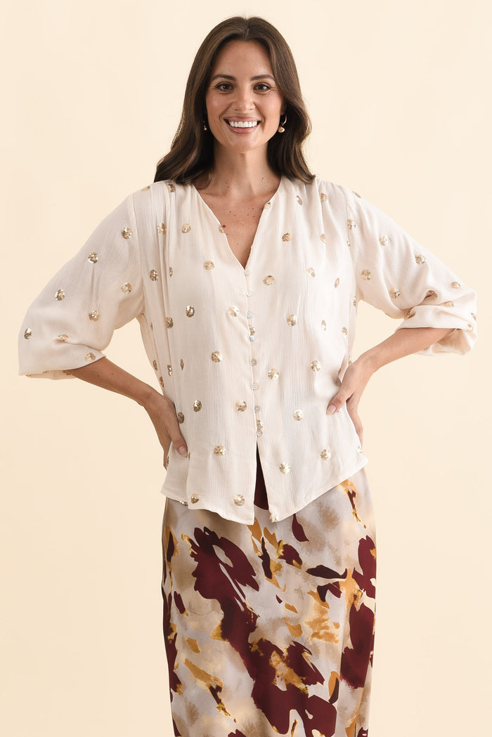 Mana Ivory Spot Sequin Top,Brunette model,alt text|model:MJ