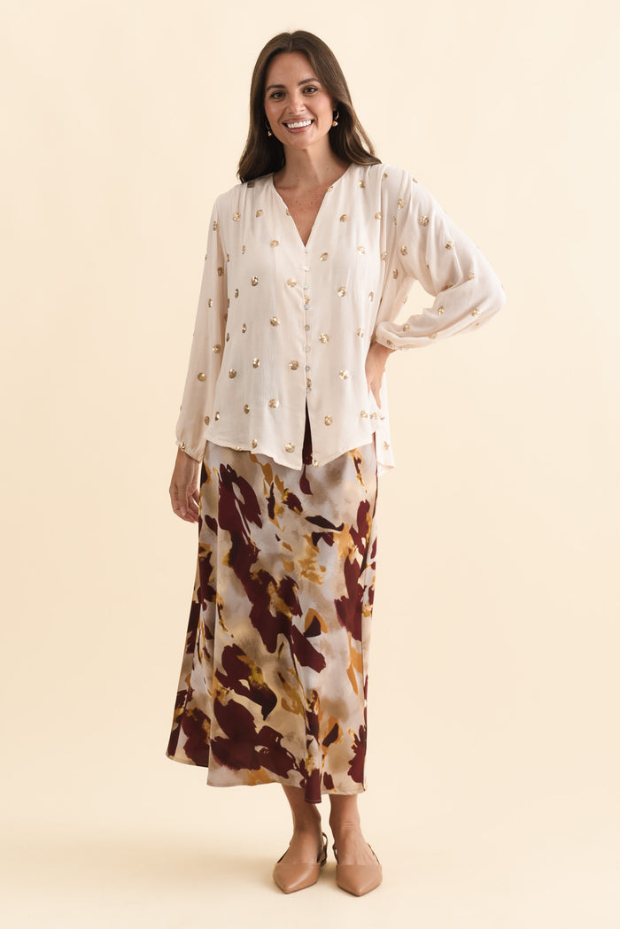 Mana Ivory Spot Sequin Top,Brunette model,alt text|model:MJ