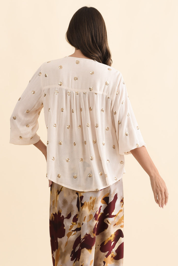 Mana Ivory Spot Sequin Top,Brunette model,alt text|model:MJ