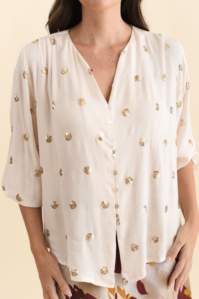 Mana Ivory Spot Sequin Top,Brunette model,alt text|model:MJ