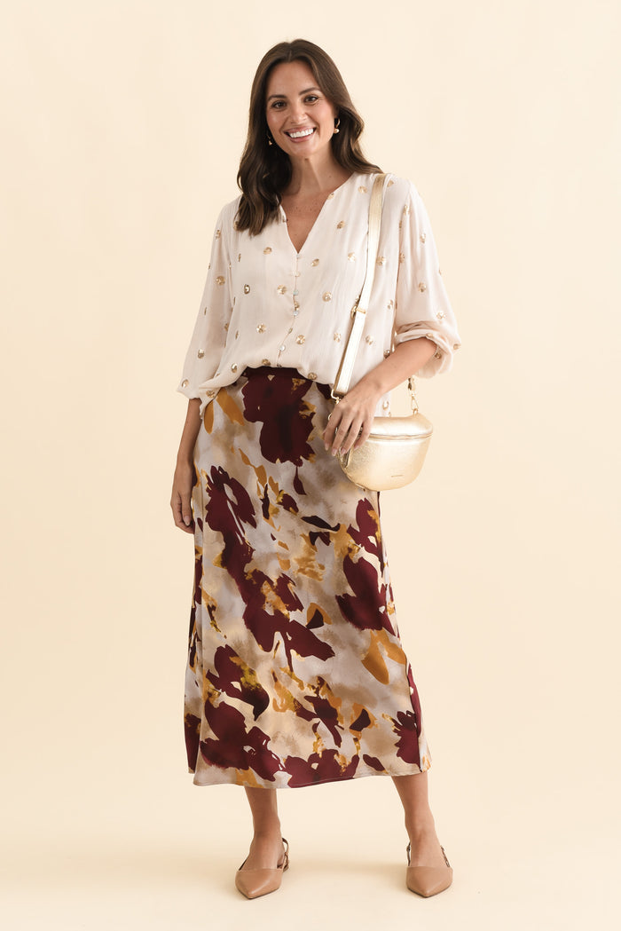 Scout Burgundy Abstract Maxi Skirt,Brunette model,alt text|model:MJ