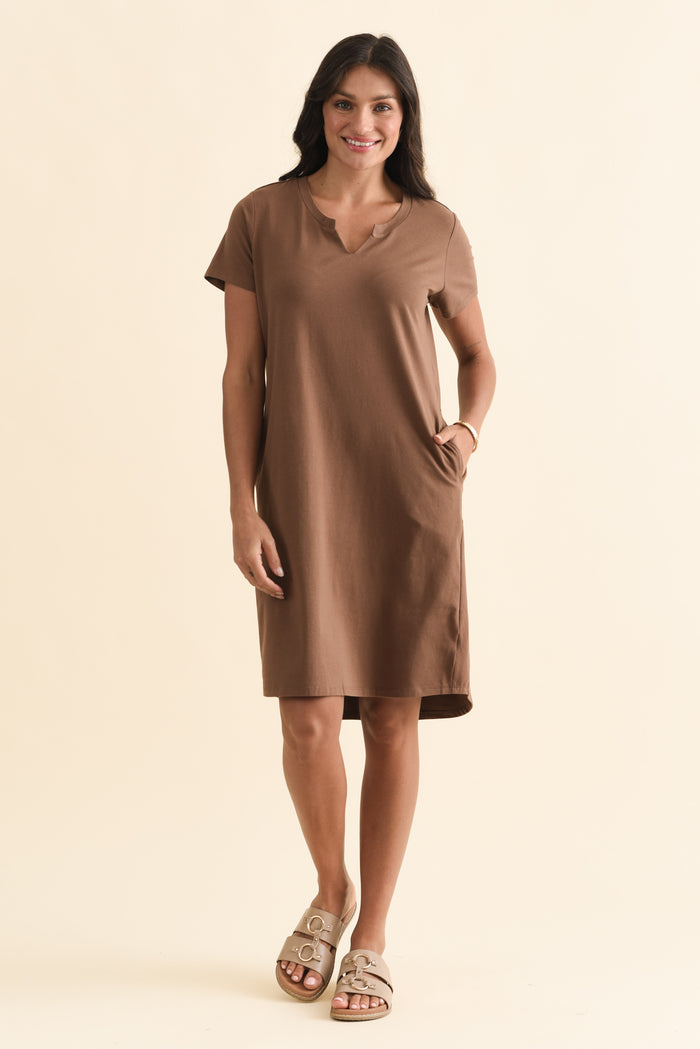 Mandy Chocolate Cotton Tee Dress,Brunette model,alt text|model:Brontie