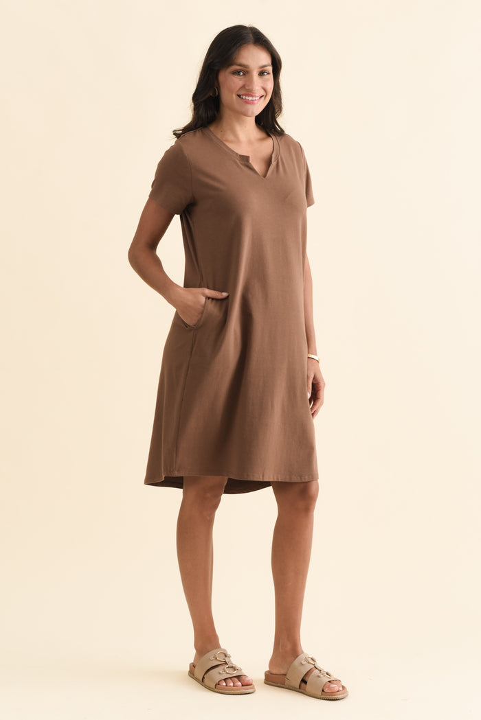 Mandy Chocolate Cotton Tee Dress,Brunette model,alt text|model:Brontie