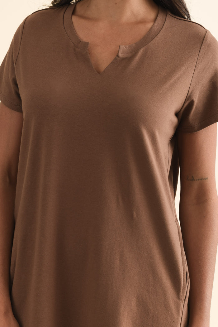 Mandy Chocolate Cotton Tee Dress,Brunette model,alt text|model:Brontie
