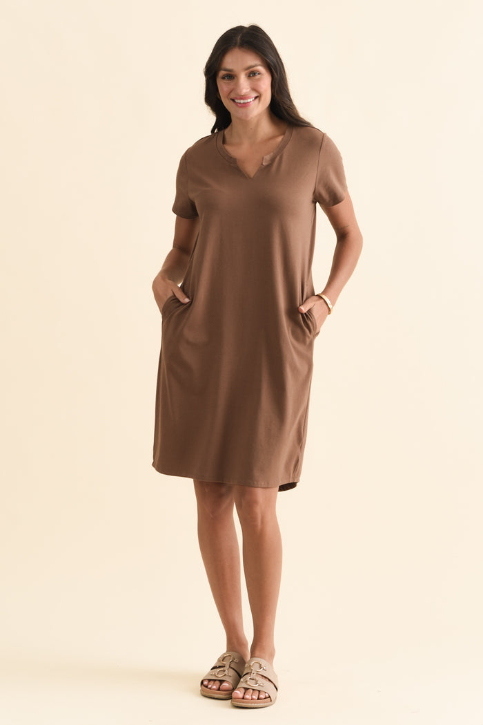 Mandy Chocolate Cotton Tee Dress,Brunette model,alt text|model:Brontie