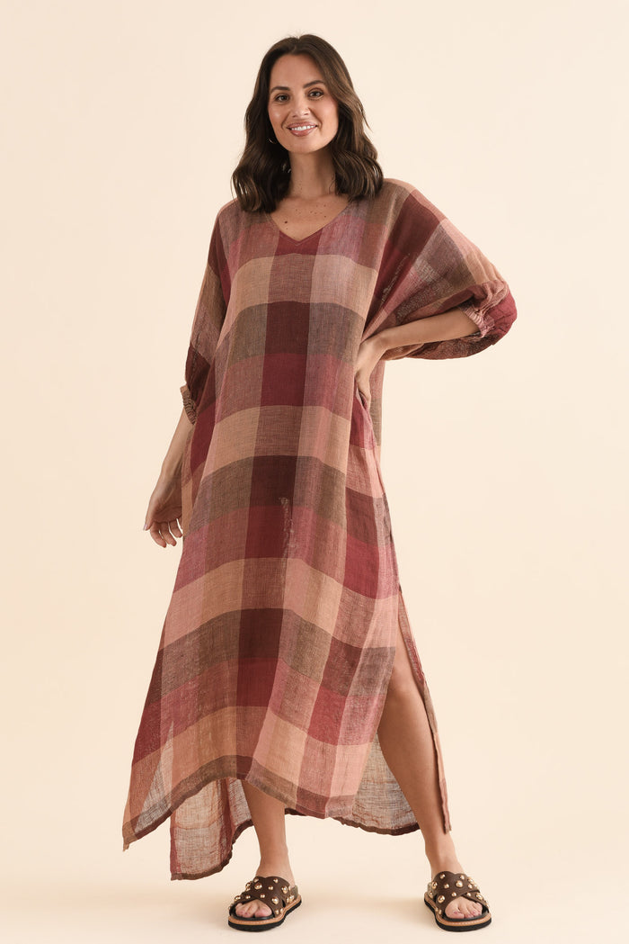 Marcel Brown Check Linen Dress,Front,Brunette model,alt text|model:MJ
