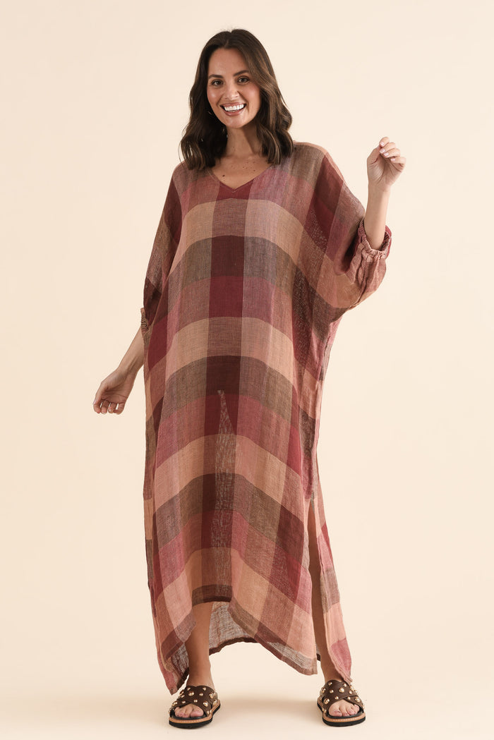 Marcel Brown Check Linen Dress,Full Body,Brunette model,alt text|model:MJ