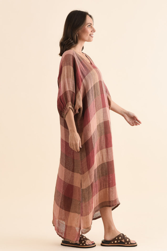 Marcel Brown Check Linen Dress,Side,Brunette model,alt text|model:MJ