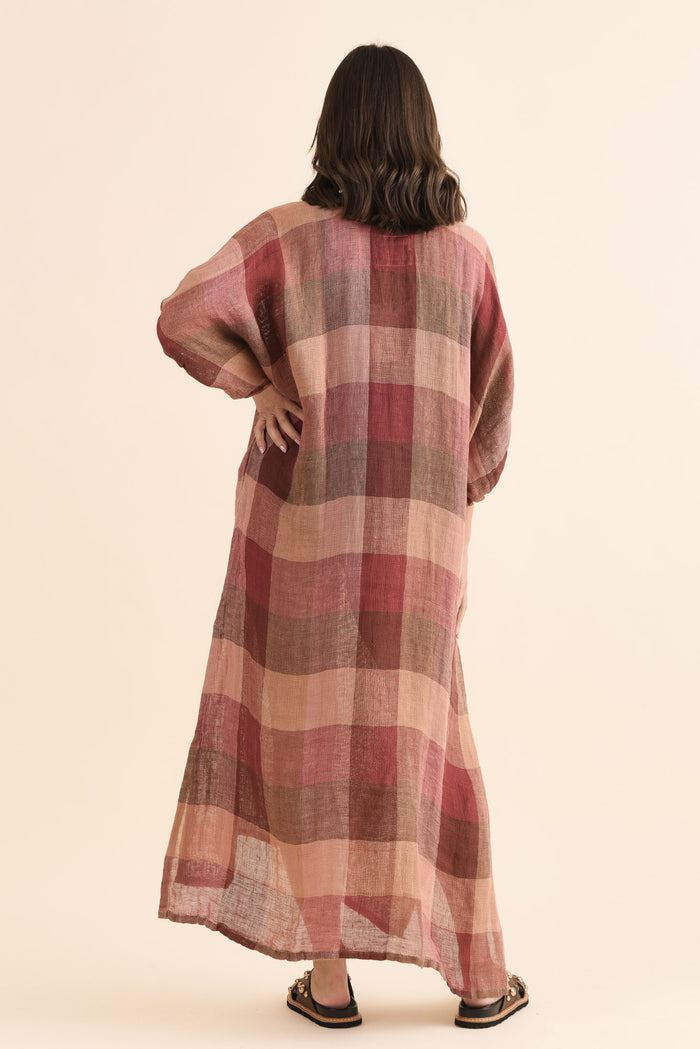 Marcel Brown Check Linen Dress,Back,Brunette model,alt text|model:MJ