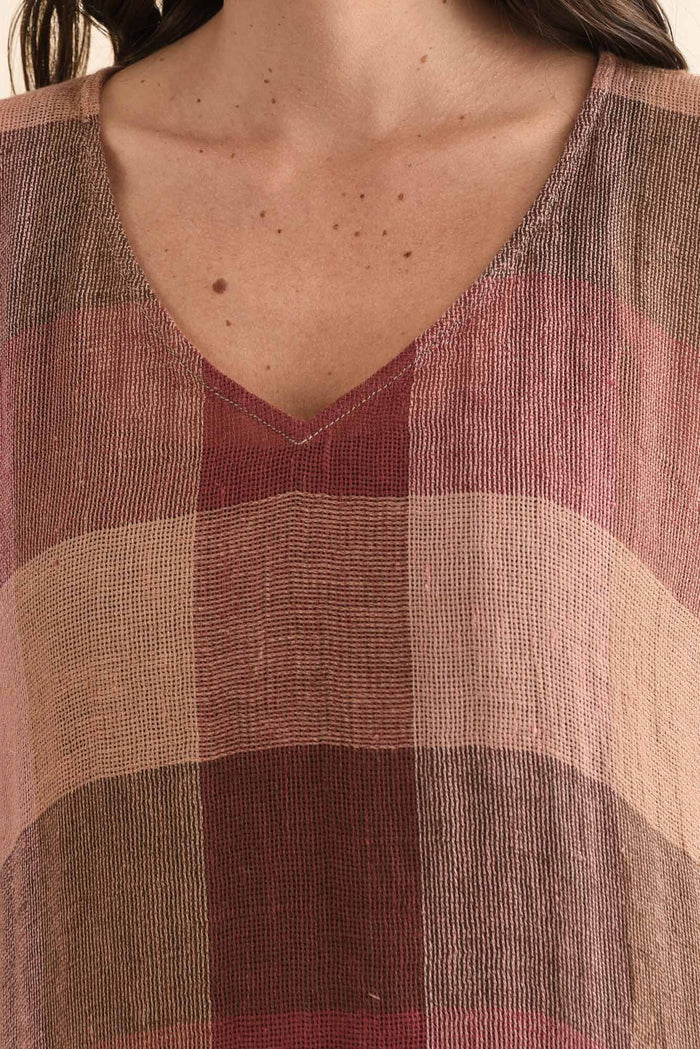 Marcel Brown Check Linen Dress,Detail,Brunette model,alt text|model:MJ