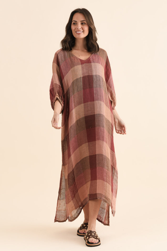 Marcel Brown Check Linen Dress,Full Body,Brunette model,alt text|model:MJ