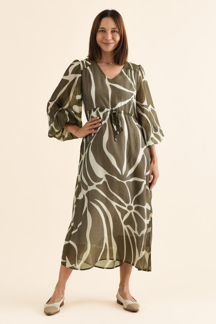 Mareli Khaki Abstract Tie Dress,Front,Brunette model,alt text|model:Cara