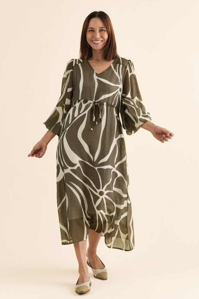 Mareli Khaki Abstract Tie Dress,Full Body,Brunette model,alt text|model:Cara
