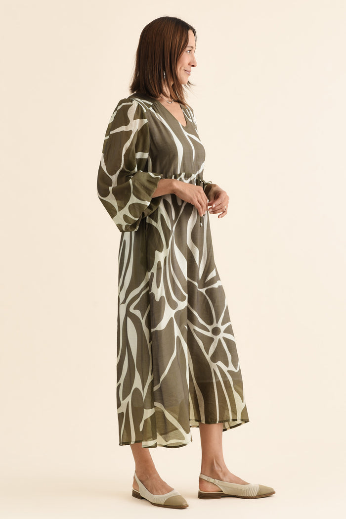 Mareli Khaki Abstract Tie Dress,Side,Brunette model,alt text|model:Cara