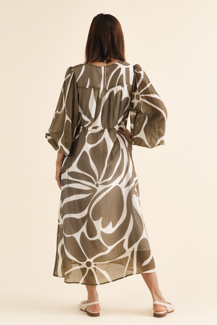 Mareli Khaki Abstract Tie Dress,Back,Brunette model,alt text|model:Cara
