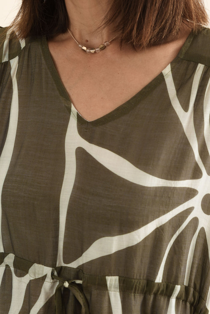 Mareli Khaki Abstract Tie Dress,Detail,Brunette model,alt text|model:Cara