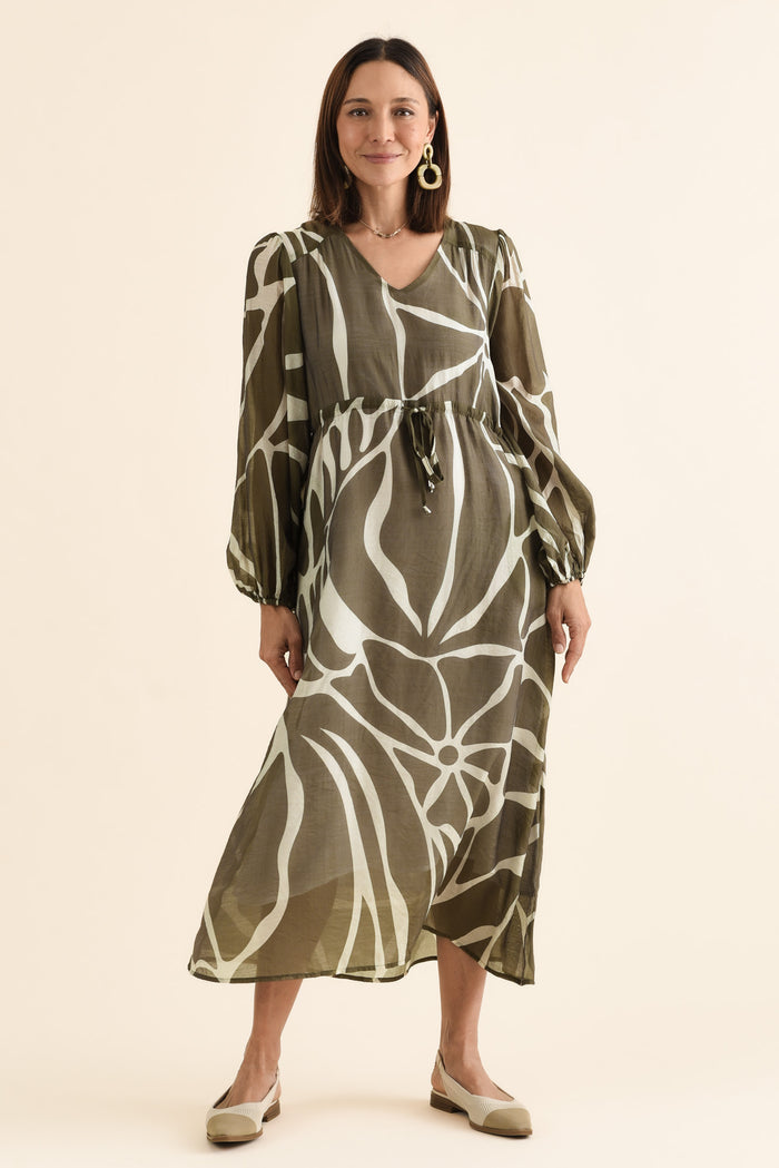Mareli Khaki Abstract Tie Dress,Full Body,Brunette model,alt text|model:Cara