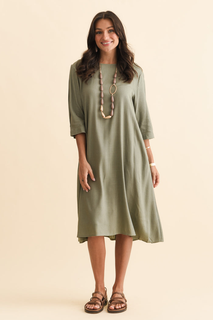 Marley Khaki Linen Blend Dress,Brunette model,alt text|model:Brontie