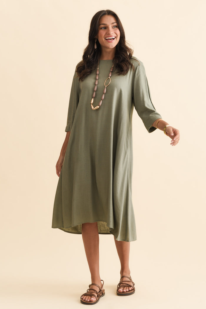 Marley Khaki Linen Blend Dress,Brunette model,alt text|model:Brontie