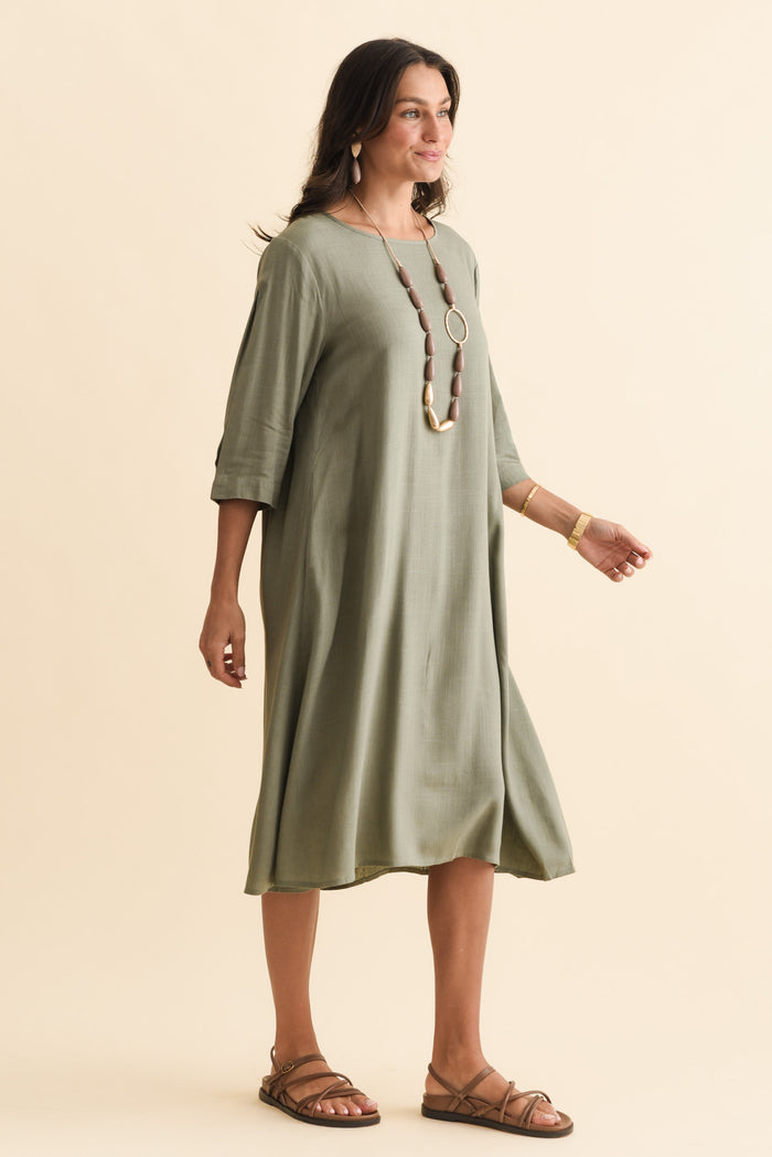 Marley Khaki Linen Blend Dress,Brunette model,alt text|model:Brontie