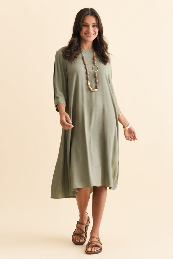 Marley Khaki Linen Blend Dress,Brunette model,alt text|model:Brontie