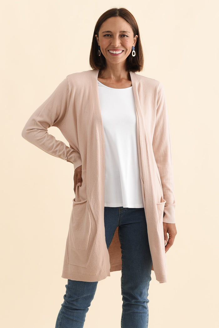 Mary Light Pink Pocket Cardigan,Brunette model,alt text|model:Cara