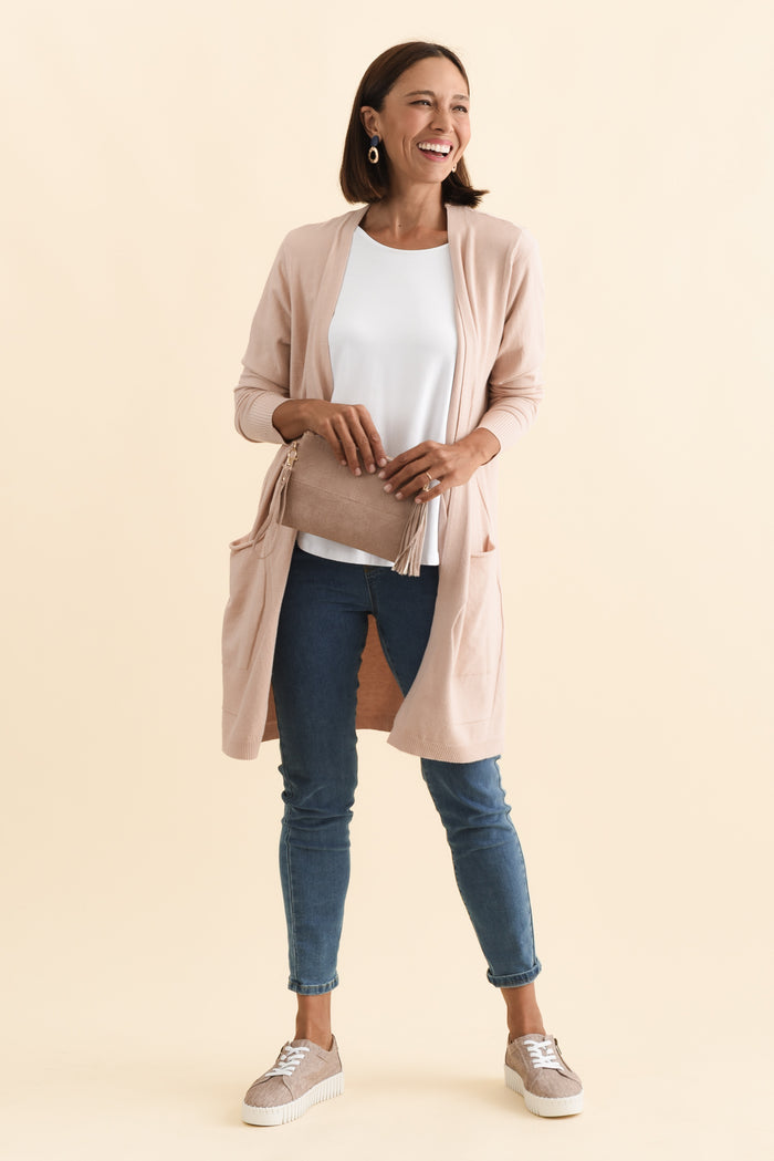 Mary Light Pink Pocket Cardigan,Brunette model,alt text|model:Cara
