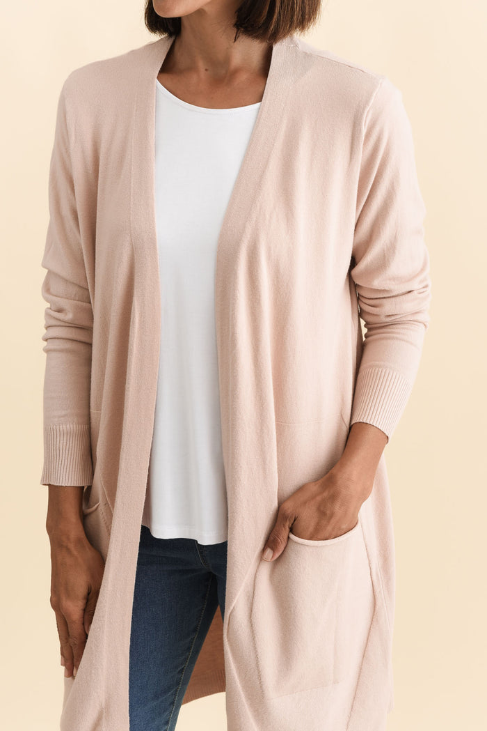 Mary Light Pink Pocket Cardigan,Brunette model,alt text|model:Cara