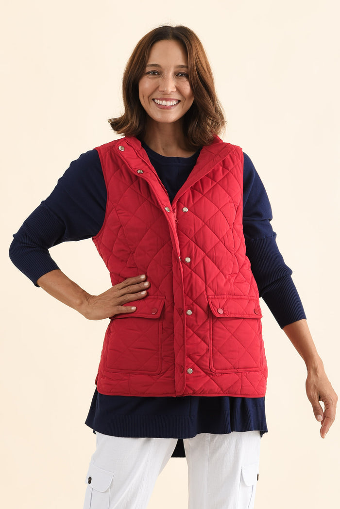 Max Red Quilted Pocket Vest,Front,Brunette model,alt text|model:Cara