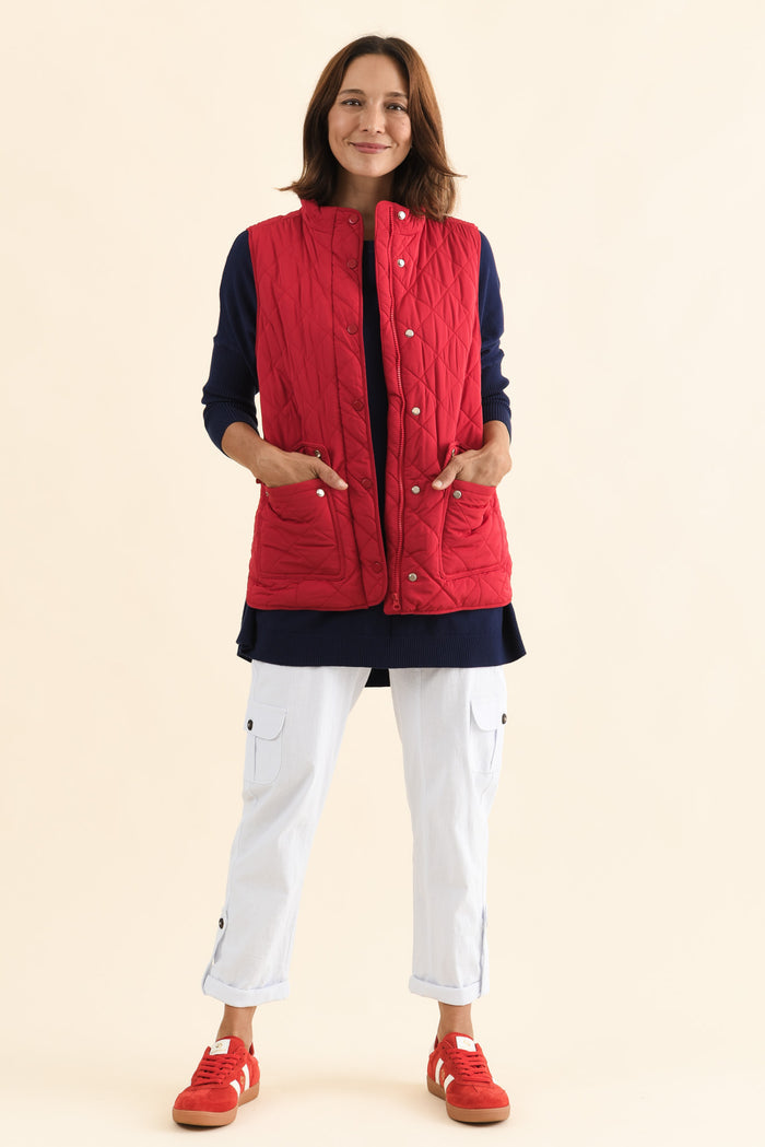 Max Red Quilted Pocket Vest,Full Body,Brunette model,alt text|model:Cara