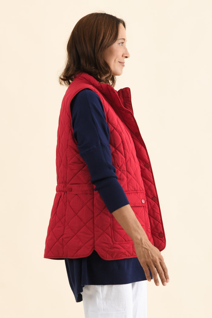 Max Red Quilted Pocket Vest,Side,Brunette model,alt text|model:Cara