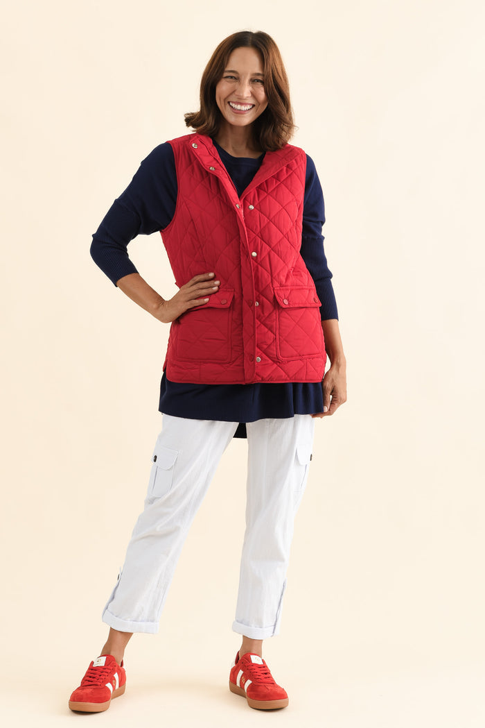 Max Red Quilted Pocket Vest,Full Body,Brunette model,alt text|model:Cara