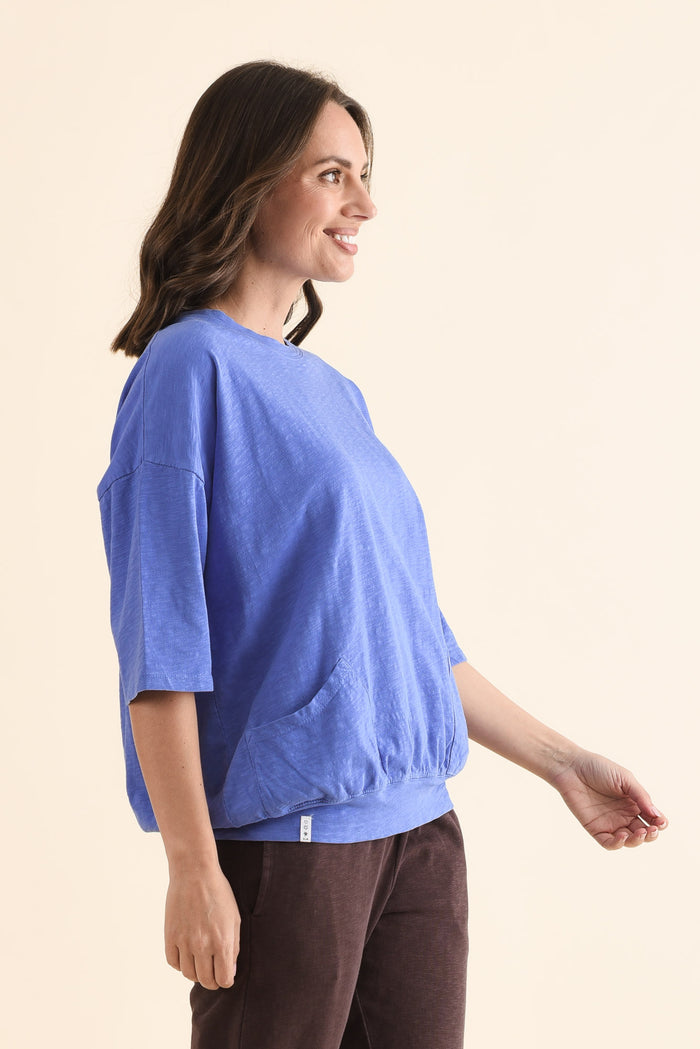 Mazie Blue Cotton Sweat,Side,Brunette model,alt text|model:MJ