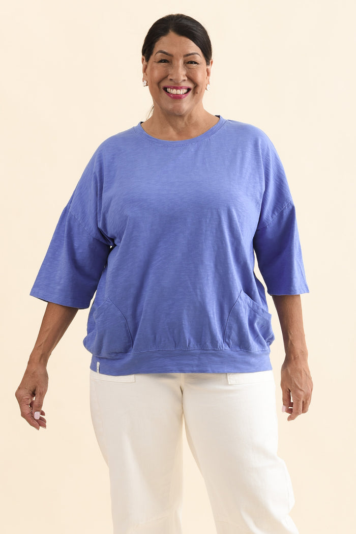 Mazie Blue Cotton Sweat,Front,Brunette model,alt text|model:Pilita