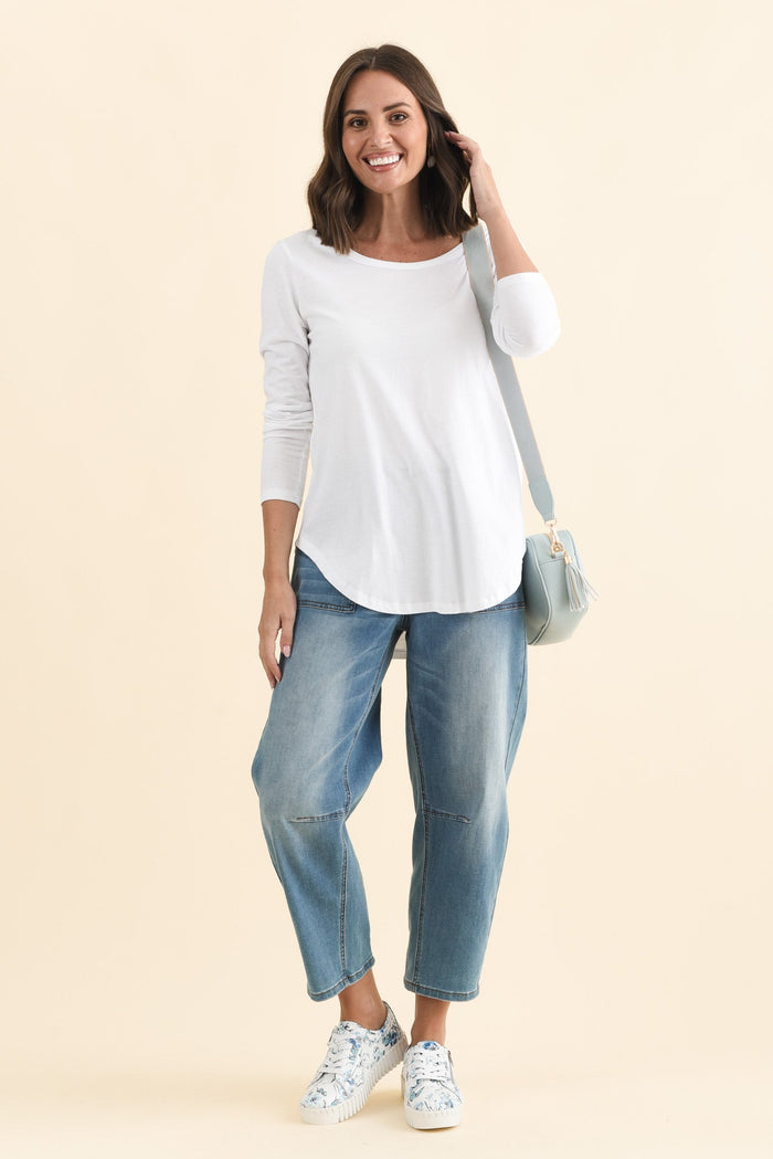 Megan White Cotton Long Sleeve Top,Brunette model,alt text|model:MJ